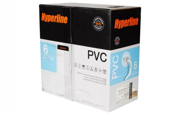 42047 Hyperline UUTP4-C6-S23-IN-PVC-GY-305 (305 м) Кабель витая пара, неэкранированная U/UTP, категория 6, 4 пары (23 AWG), одножильный (solid), с раз