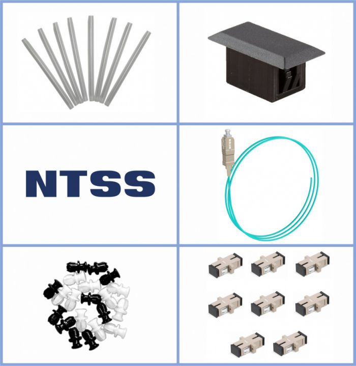 Кросс NTSS оптический настенный Мини, укомплектованный, 4 порта SC/UPC, 50/125 мкм ОМ3 (планка, ложемент, пигтейлы, КДЗС, адаптеры) серый RAL 7035