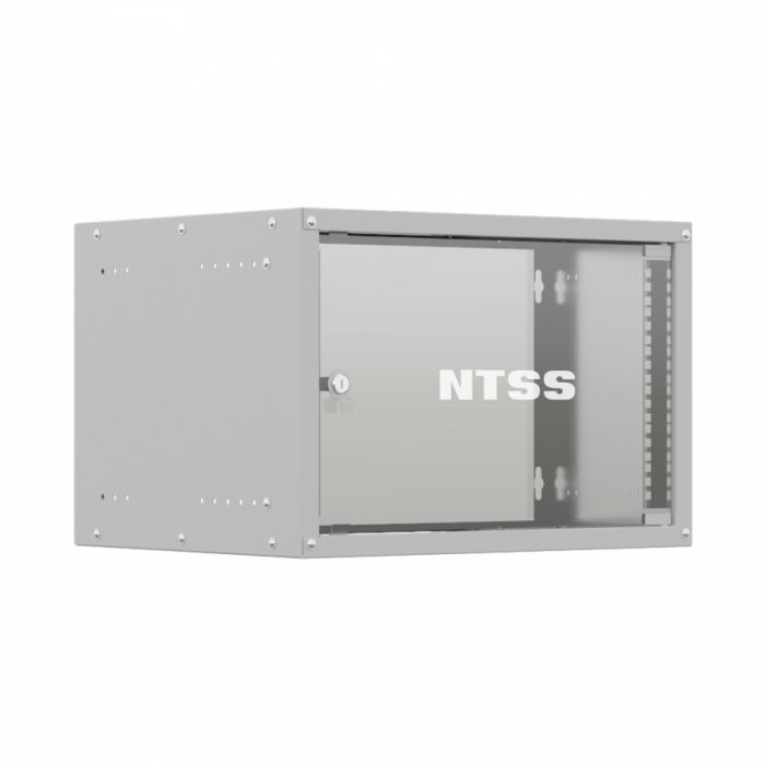 Шкаф настенный телекоммуникационный NTSS LIME 6U 550х450х370мм, 2 профиля 19, дверь стеклянная, боковые стенки несъемные, разобранный, серый RAL 7035