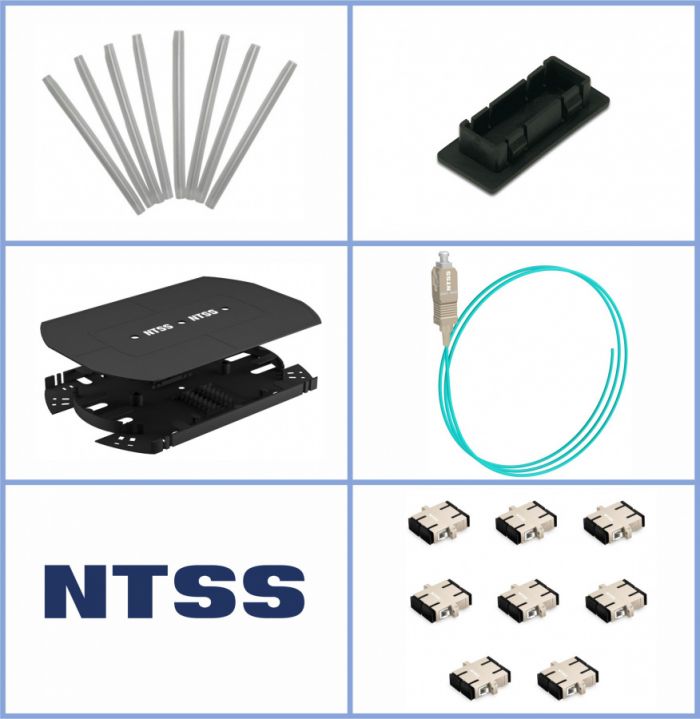 Кросс NTSS оптический 19'' укомплектованный 1U, 24 порта SC/UPC duplex, 50/125 мкм ОМ3 (сплошная панель, сплайс-кассета 2шт, пигтейлы, КДЗС, адаптеры) серый RAL 7035