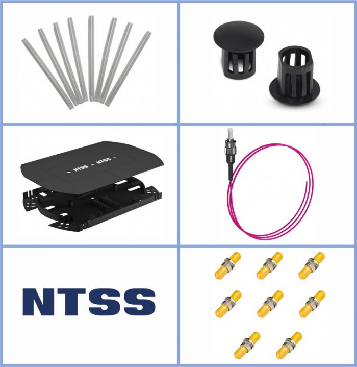 Кросс NTSS оптический 19'' укомплектованный 2U, 64 порта ST/UPC, 50/125 мкм ОМ4 (сплошная панель, сплайс-кассета 2шт, пигтейлы, КДЗС, адаптеры) черный RAL 9005