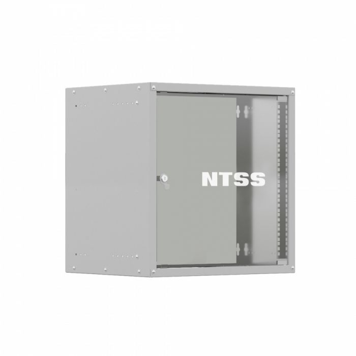 Шкаф настенный телекоммуникационный NTSS LIME 9U 550х450х500мм, 2 профиля 19, дверь стеклянная, боковые стенки несъемные, разобранный, серый RAL 7035