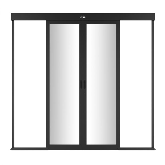 Дверь двухстворчатая механическая изолированной системы NTSS, 48U, стекло с замком, для коридора шириной 1200мм с опорной рамой, черная RAL 9005