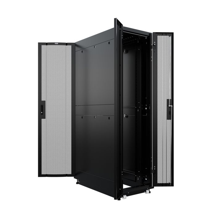 Шкаф напольный для ЦОД серверный NTSS ПРОЦОД PC 48U 600х1200мм, 4 профиля 19, двойные боковые стенки, панель потолка с вводами, без панели пола, двери перфорированная и перфорированная двухстворчатая, регулируемые опоры, ролики, черный RAL 9005