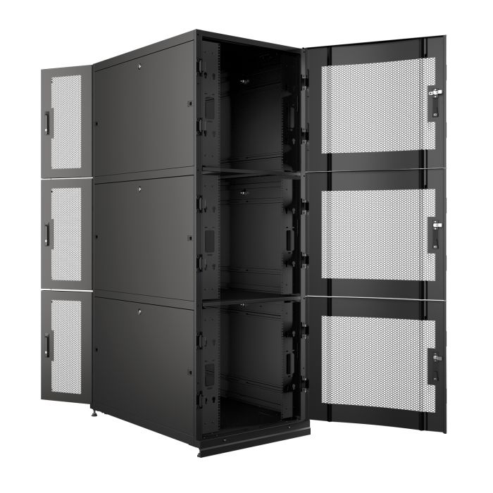 Шкаф напольный серверный NTSS CoDS 42U 800х1070мм, 3 секции по 13U, двойные боковые стенки, панель потолка и пола с щеточными вводами, двери перфорированная и перфорированная двухстворчатая, регулируемые опоры, ролики, черный RAL 9005