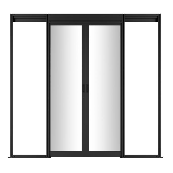 Дверь двухстворчатая механическая изолированной системы NTSS, 48U, стекло с замком, для коридора шириной 1200мм с опорной рамой, черная RAL 9005