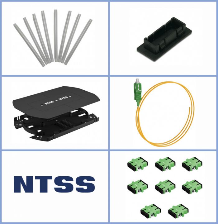 Кросс NTSS оптический 19'' укомплектованный 1U, 16 портов SC/APC duplex, 9/125 мкм (сплошная панель, сплайс-кассета, пигтейлы, КДЗС, адаптеры) серый RAL 7035