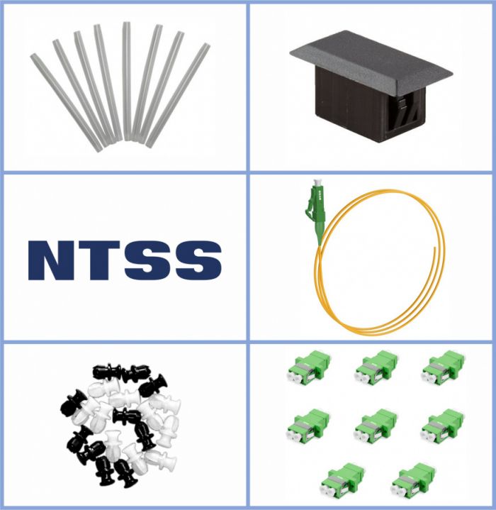Кросс NTSS оптический настенный Мини, укомплектованный, 2 порта LC/APC duplex, 9/125 мкм (планка, ложемент, пигтейлы, КДЗС, адаптеры) серый RAL 7035