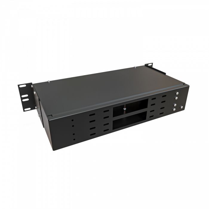 Кросс NTSS оптический 19'' укомплектованный 2U, 96 портов ST/UPC, 50/125 мкм ОМ4 (сплошная панель, сплайс-кассета 3шт, пигтейлы, КДЗС, адаптеры) черный RAL 9005