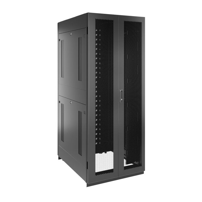 Шкаф напольный для ЦОД серверный NTSS ПРОЦОД PC-V2 48U 600х1200мм, 4 профиля 19, двойные боковые стенки, панель потолка с вводами, без панели пола, двери перфорированная и перфорированная двухстворчатая, регулируемые опоры, ролики, черный RAL 9005