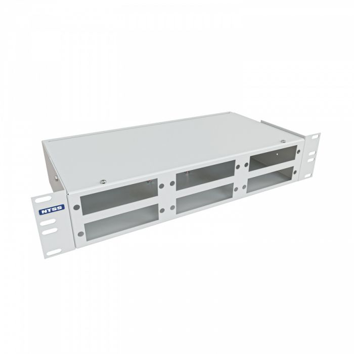 Кросс NTSS оптический 19'' укомплектованный 2U, 48 портов FC/APC, 9/125 мкм (планки, сплайс-кассета 2шт, пигтейлы, КДЗС, адаптеры) серый RAL 7035