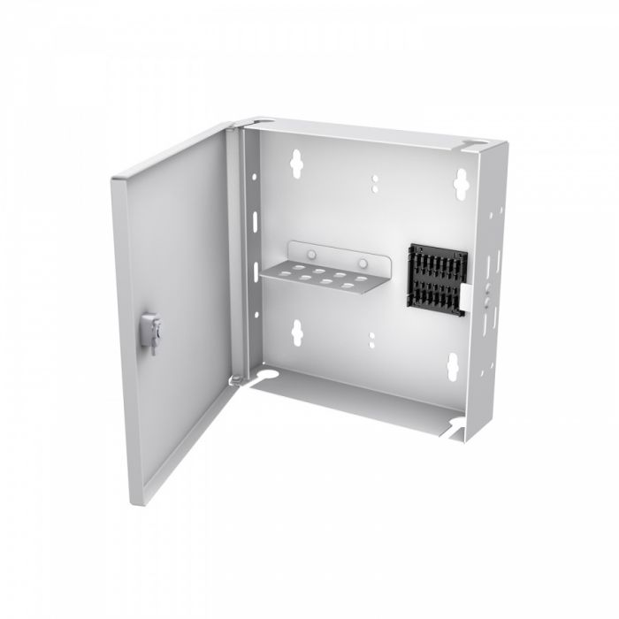 Кросс NTSS оптический настенный Мини, укомплектованный, 4 порта FC/UPC, 50/125 мкм (сплошная панель, ложемент, пигтейлы, КДЗС, адаптеры) серый RAL 7035