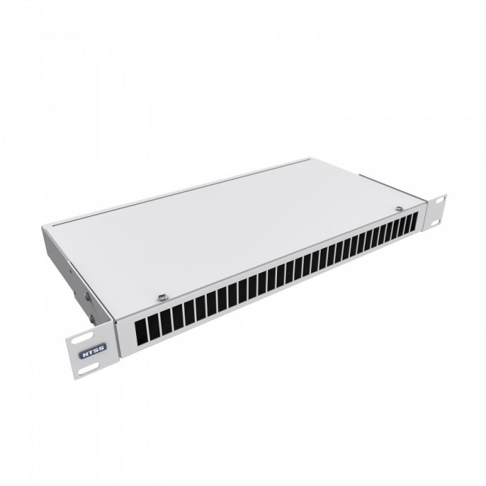 Кросс NTSS оптический 19'' укомплектованный 1U, 8 портов SC/UPC duplex, 9/125 мкм (сплошная панель, сплайс-кассета, пигтейлы, КДЗС, адаптеры) серый RAL 7035