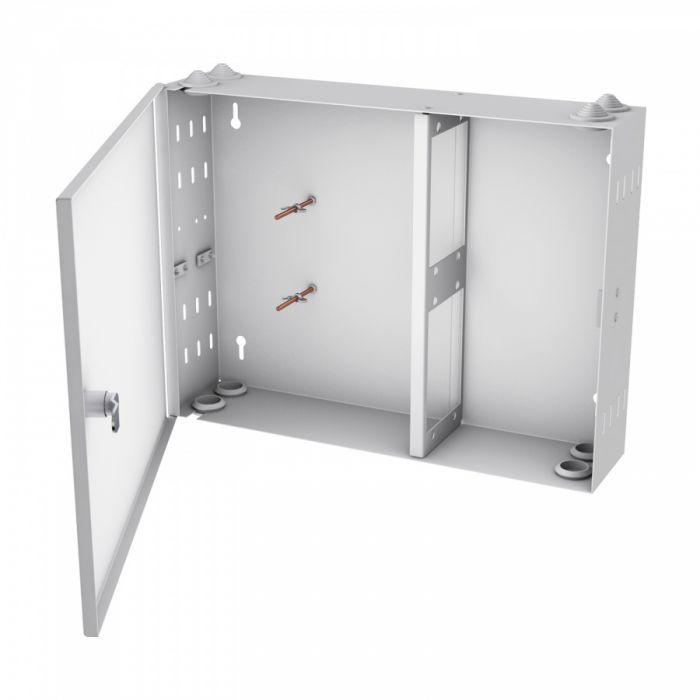 Кросс NTSS оптический настенный, укомплектованный, 24 порта LC/UPC duplex, 62.5/125 мкм (планки, сплайс-кассета 2шт, пигтейлы, КДЗС, адаптеры) серый RAL 7035