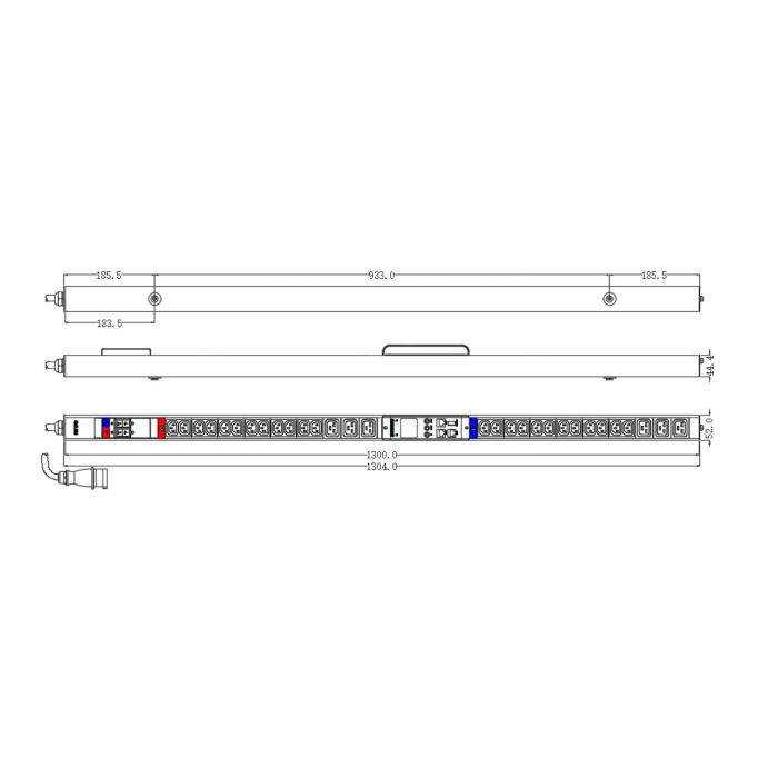 Блок распределения питания NTSS Metered, 1ф32А, 7.4кВт, 2 автоматических выключателя, (24)С13, (6)C19, 3м кабель с вилкой IEC 60309, 1324.50х52х44.4 мм