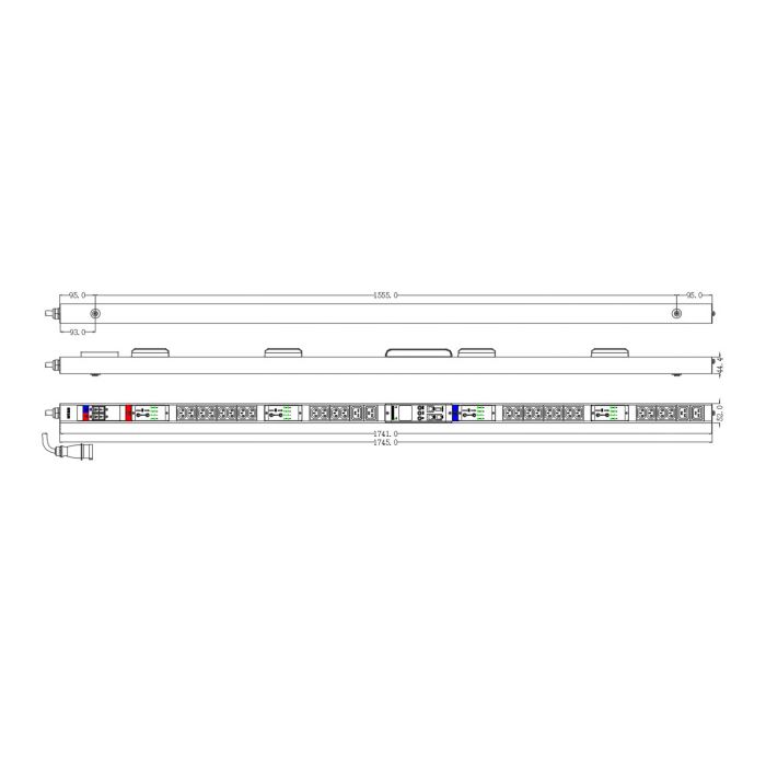 Блок распределения питания NTSS Managed, 1ф32А, 7.4кВт, 2 автоматических выключателя, (24)С13, (4)С19, 3м кабель с вилкой IEC 60309, 1760.5х65х65 мм