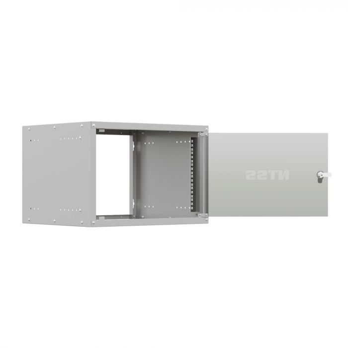 Шкаф настенный телекоммуникационный NTSS LIME 6U 550х450х370мм, 2 профиля 19, дверь стеклянная, боковые стенки несъемные, разобранный, серый RAL 7035