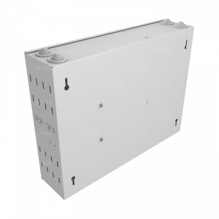  Кросс NTSS оптический настенный частично укомплектованный 48 портов 2LC (планка 2LC 24 порта - 2шт, сплайс-кассета-3шт) серый RAL 7035