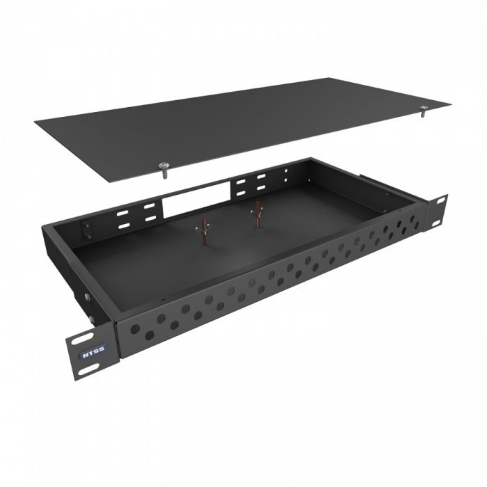 Кросс NTSS оптический 19'' укомплектованный 1U, 32 порта ST/UPC, 62.5/125 мкм (сплошная панель, сплайс-кассета, пигтейлы, КДЗС, адаптеры) черный RAL 9005