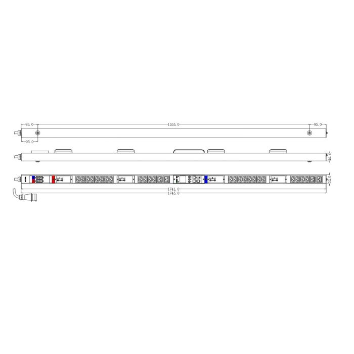 Блок распределения питания NTSS Metered Plus, 1ф32А, 7.4кВт, 2 автоматических выключателя, (24)С13, (4)С19, 3м кабель с вилкой IEC 60309, 1760.5х52х44.4 мм