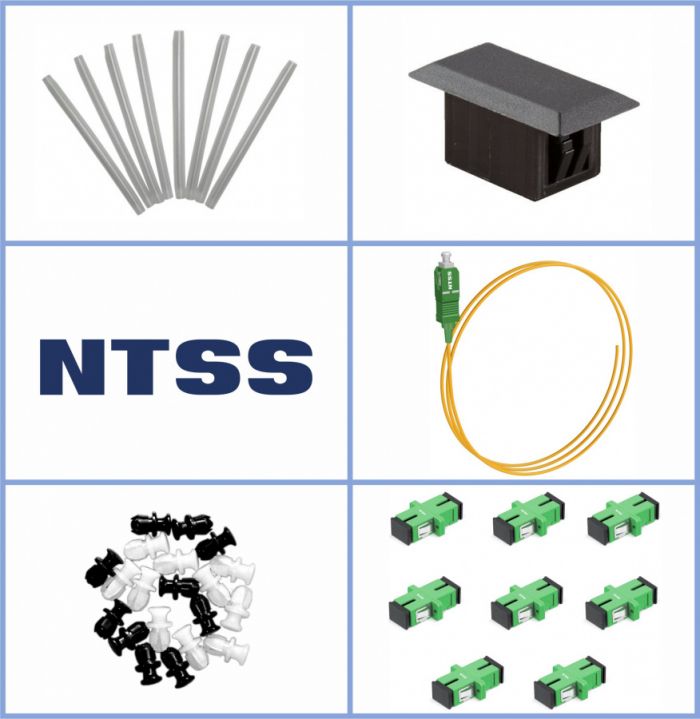 Кросс NTSS оптический настенный Мини, укомплектованный, 4 порта SC/APC, 9/125 мкм (планка, ложемент, пигтейлы, КДЗС, адаптеры) серый RAL 7035