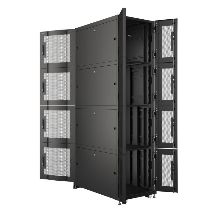 Шкаф напольный серверный NTSS CoDS 48U 600х1200мм, 4 секции по 11U, двойные боковые стенки, панель потолка и пола с щеточными вводами, двери перфорированная и перфорированная двухстворчатая, регулируемые опоры, ролики, черный RAL 9005