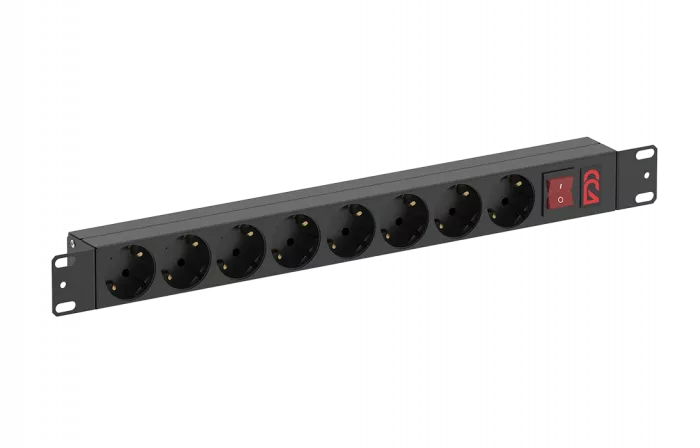 Блок розеток БР-8SCH-10А-С14 , 8 розеток Schuko, выключатель с подсветкой, без шнура, разъем под шнур IEC C14