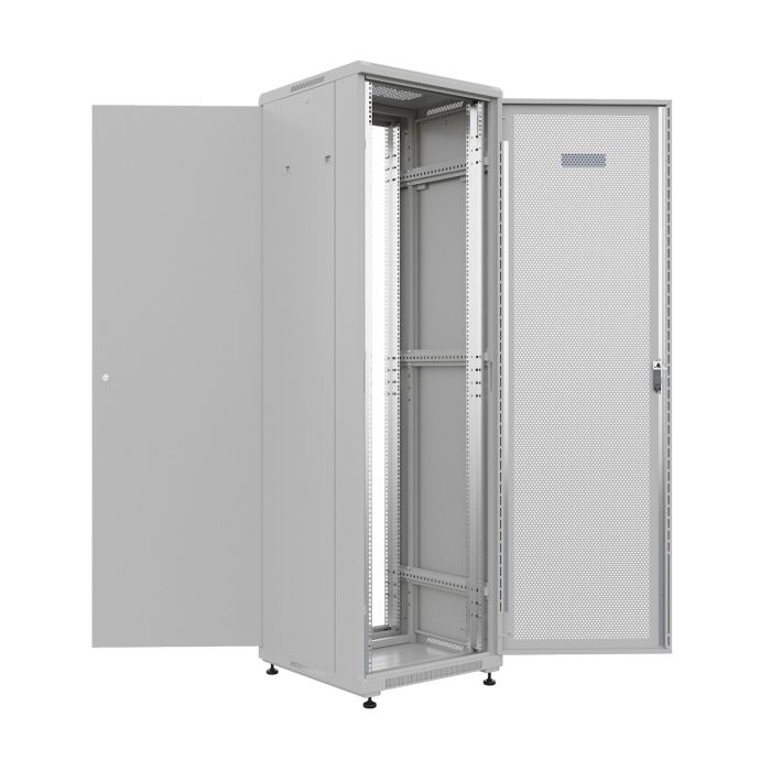Шкаф напольный универсальный серверный NTSS R 32U 600х600мм, 4 профиля 19, двери перфорированная и сплошная металл, боковые стенки съемные, регулируемые опоры, разобранный, серый RAL 7035