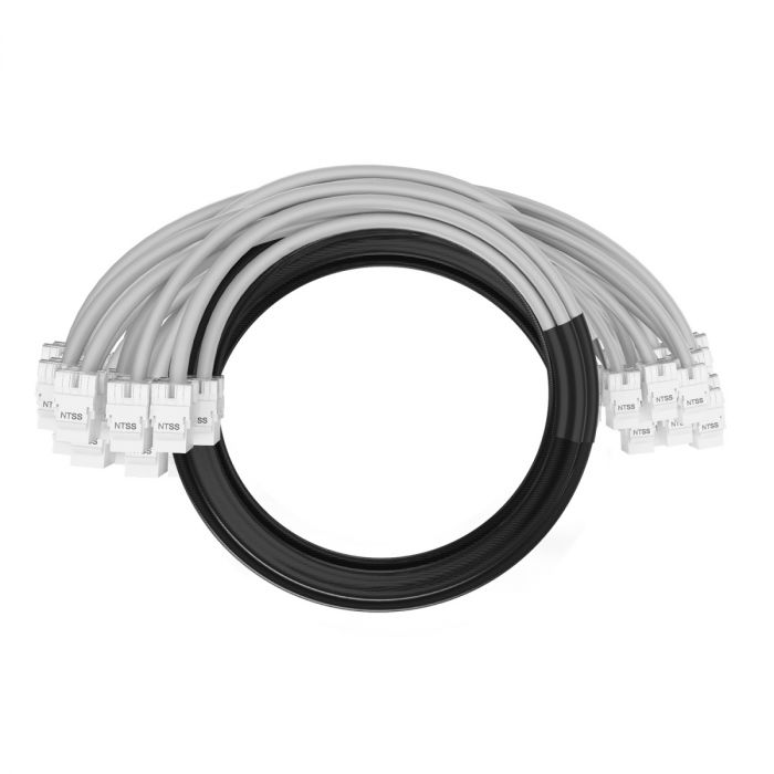 Кабельная сборка NTSS PREMIUM 24pc, UTP CAT5e, оконцована разъемами KEYSTONE RJ45 UTP CAT5e, заделка в чулке, вывод 0.6м, длина 15м, LSZH, серый
