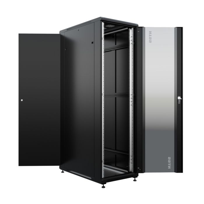 Шкаф напольный универсальный серверный NTSS R 42U 600х1000мм, 4 профиля 19, двери стекло и сплошная металл, боковые стенки съемные, регулируемые опоры, разобранный, черный RAL 9005