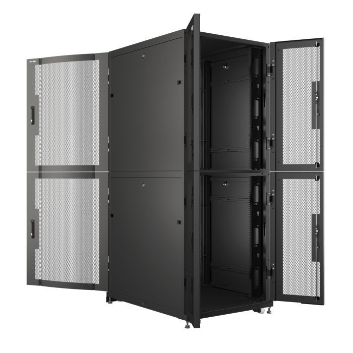 Шкаф напольный серверный NTSS CoDS 42U 600х1070мм, 2 секции по 20U, двойные боковые стенки, панель потолка и пола с щеточными вводами, двери перфорированная и перфорированная двухстворчатая, регулируемые опоры, ролики, черный RAL 9005