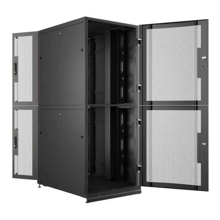 Шкаф напольный серверный NTSS CoDS 42U 600х1070мм, 2 секции по 20U, двойные боковые стенки, панель потолка и пола с щеточными вводами, двери перфорированная и перфорированная двухстворчатая, регулируемые опоры, ролики, черный RAL 9005