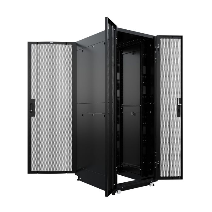 Шкаф напольный для ЦОД серверный NTSS ПРОЦОД PC 48U 800х1070мм, 4 профиля 19, двойные боковые стенки, панель потолка с вводами, без панели пола, двери перфорированная и перфорированная двухстворчатая, регулируемые опоры, ролики, черный RAL 9005