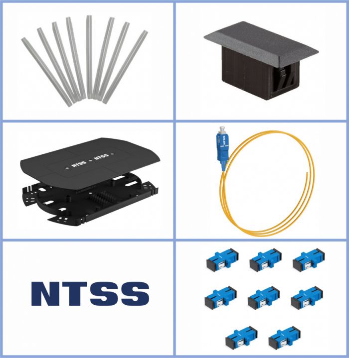 Кросс NTSS оптический 19'' укомплектованный 1U, 32 порта SC/UPC, 9/125 мкм (сплошная панель, сплайс-кассета, пигтейлы, КДЗС, адаптеры) серый RAL 7035