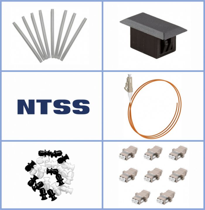 Кросс NTSS оптический настенный Мини, укомплектованный, 6 портов LC/UPC duplex, 50/125 мкм (планка, ложемент, пигтейлы, КДЗС, адаптеры) серый RAL 7035