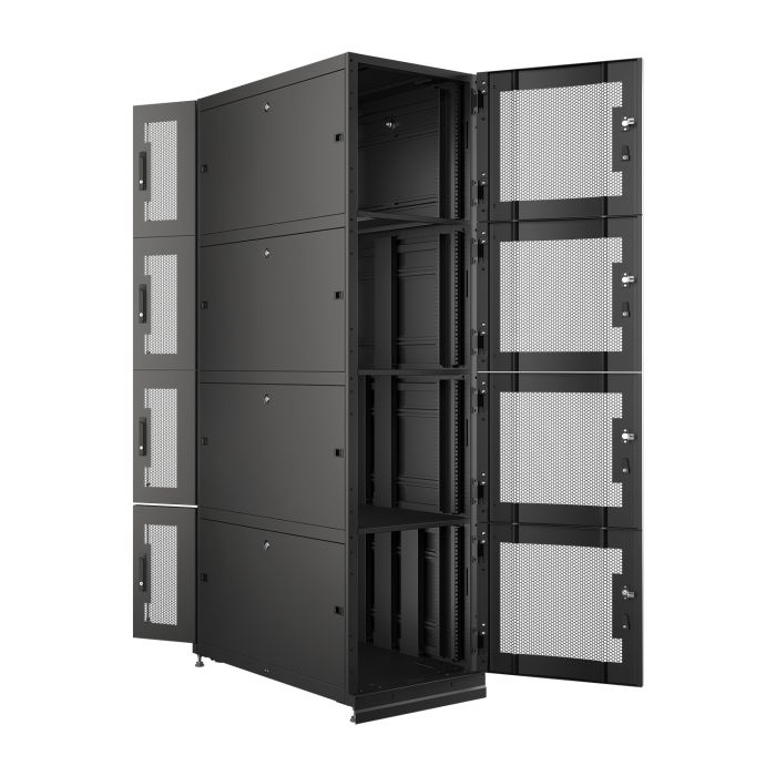 Шкаф напольный серверный NTSS CoDS 42U 600х1070мм, 4 секции по 9U, двойные боковые стенки, панель потолка и пола с щеточными вводами, двери перфорированная и перфорированная двухстворчатая, регулируемые опоры, ролики, черный RAL 9005