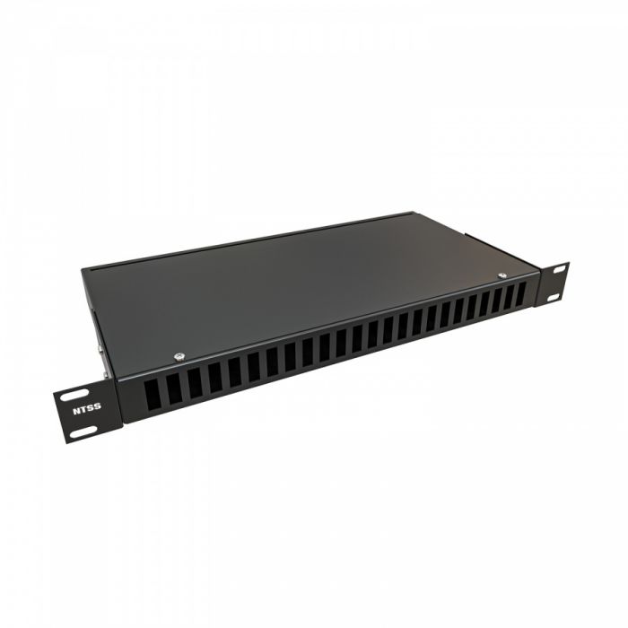 Кросс NTSS оптический 19'' частично укомплектованный 1U, 24 порта LC quadro (сплошная панель, сплайс-кассета-3шт) черный RAL 9005