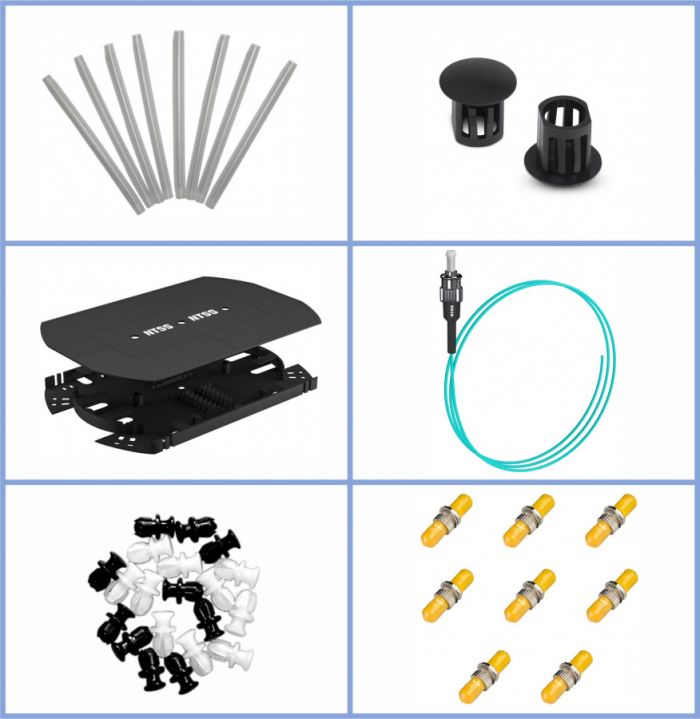 Кросс NTSS оптический 19'' укомплектованный 1U, 32 порта ST/UPC, 50/125 мкм ОМ3 (сплошная панель, сплайс-кассета, пигтейлы, КДЗС, адаптеры) черный RAL 9005