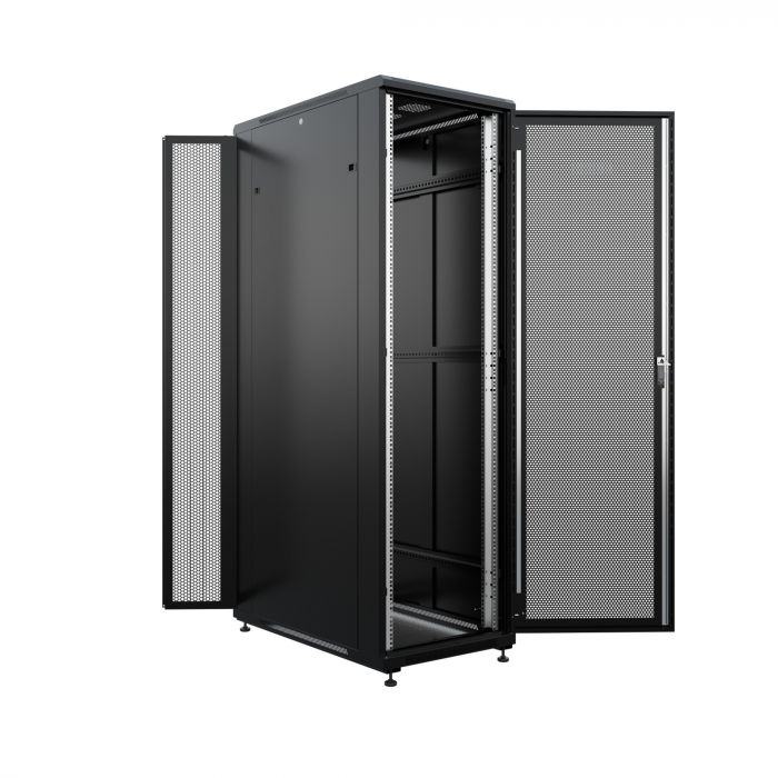 Шкаф напольный универсальный серверный NTSS R 42U 600х1000мм, 4 профиля 19, двери перфорированная и перфорированная двухстворчатая, боковые стенки съемные, регулируемые опоры, разобранный, черный RAL 9005